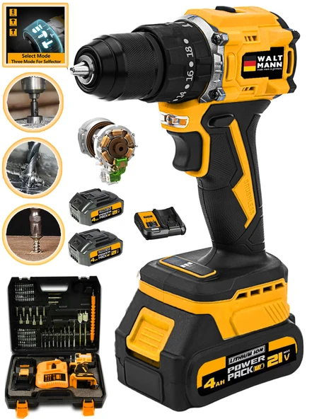 WaltMann Germany XPACK-10 Darbeli Kömürsüz Motor Samsung Pilli 2 Akülü Vidalama Matkap +84 Parça Aksesuar Set - Resim 2