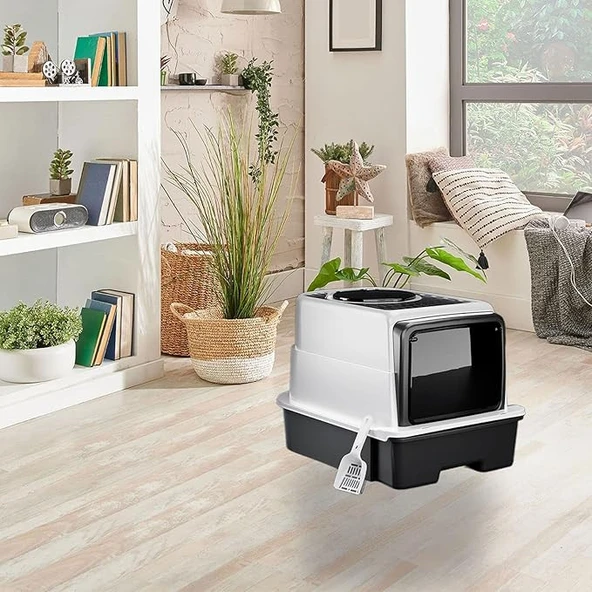 TechTic Lüx Büyük Boy Kapalı Kedi Tuvaleti Koku Giderme Üst Kapaklı(Boyun Kaşımalı)Çekmeceli Kürekli - 7