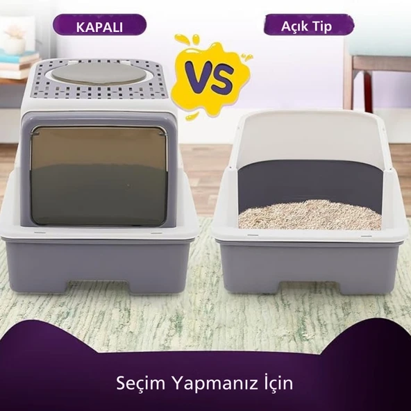 TechTic Lüx Büyük Boy Kapalı Kedi Tuvaleti Koku Giderme Üst Kapaklı(Boyun Kaşımalı)Çekmeceli Kürekli - 11