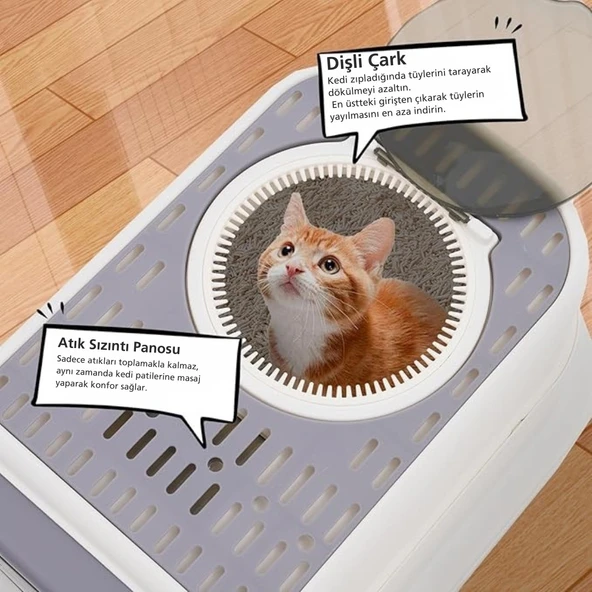 TechTic Lüx Büyük Boy Kapalı Kedi Tuvaleti Koku Giderme Üst Kapaklı(Boyun Kaşımalı)Çekmeceli Kürekli - 3