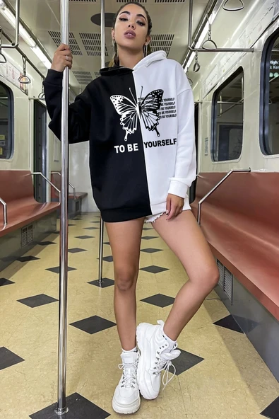 To Be Yourself Baskılı Oversize Sweatshirt - Resim 2