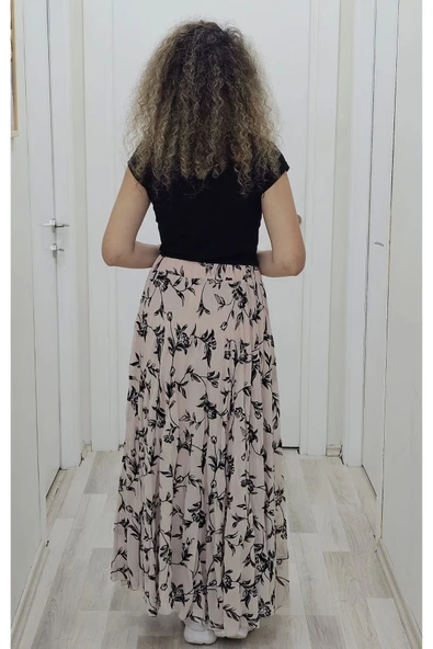 Bel Lastikli Flok Baskılı Kloş Şifon Etek 6003-Siyah/Pudra - 4