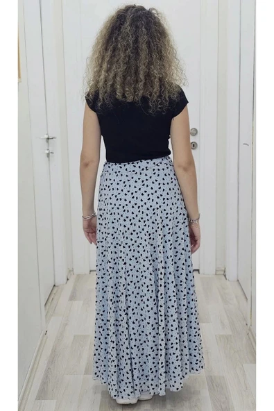 Bel Lastikli Flok Baskılı Kloş Şifon Etek 6003-Siyah/Mavi - 4