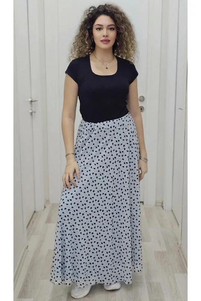 Bel Lastikli Flok Baskılı Kloş Şifon Etek 6003-Siyah/Mavi - 2