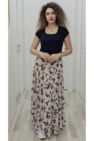 Bel Lastikli Flok Baskılı Kloş Şifon Etek 6003-Siyah/Pudra