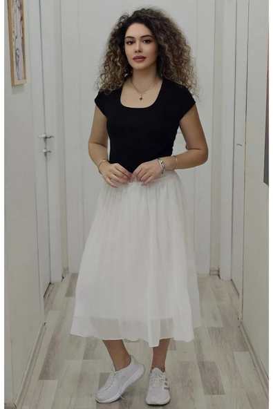 Beli Lastikli Pliseli Etek 6018-Beyaz - 2