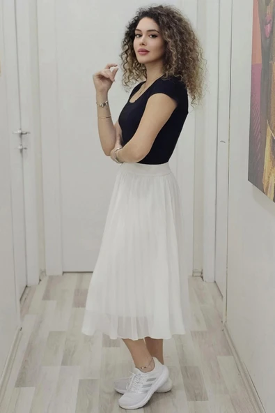 Beli Lastikli Pliseli Etek 6018-Beyaz - 3