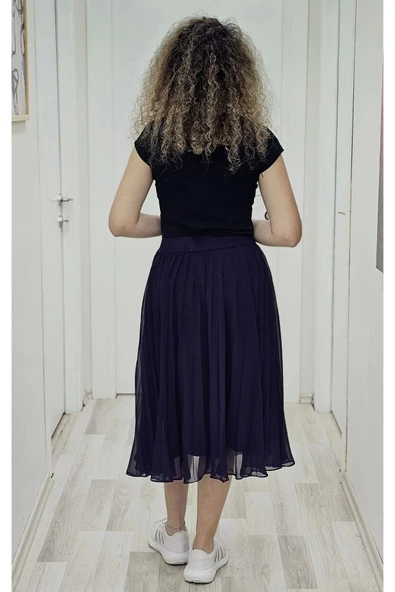 Beli Lastikli Pliseli Etek 6018-Mürdüm - 4