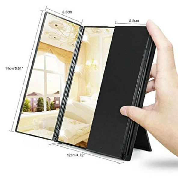TechTic LED Işıklı Katlanabilir Makyaj Aynası Masaüstü Taşınabilir Seyahat Mike Up Üç Taraflı Ayna - 2
