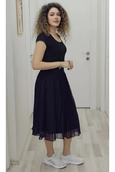 Beli Lastikli Pliseli Etek 6018-Mürdüm - 3