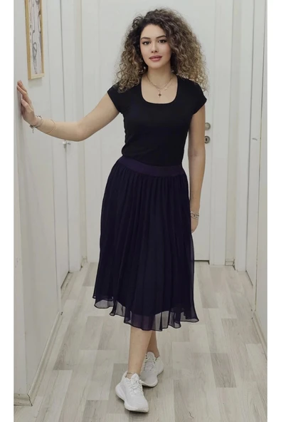 Beli Lastikli Pliseli Etek 6018-Mürdüm - 2