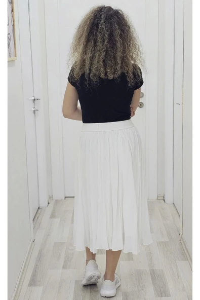 Beli Lastikli Pliseli Etek 6018-Beyaz - 4