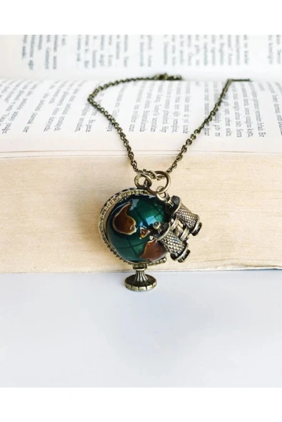 Dünya Şeklinde Dürbünlü Kolye 70 cm Gezgin Kolyesi - 4