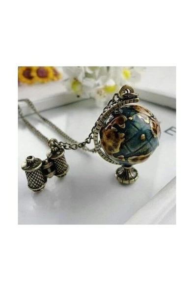 Dünya Şeklinde Dürbünlü Kolye 70 cm Gezgin Kolyesi - 3