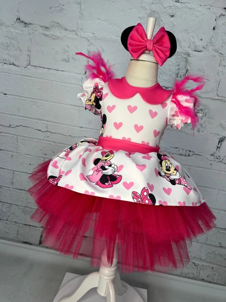Minnie Mouse Elbise, Kız çocuk Fuşya Tüllü Elbise, Mickey Mouse Kız Çocuk Elbise