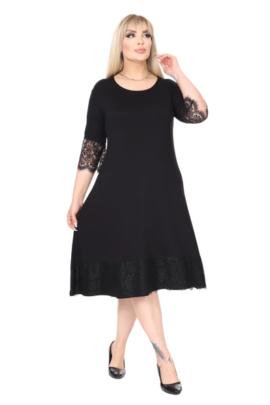 Melsay Butik Siyah Flare Kol Eteği Dantel Detaylı Abiye Elbise - Resim 5