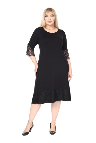Melsay Butik Siyah Flare Kol Eteği Dantel Detaylı Abiye Elbise - Resim 2
