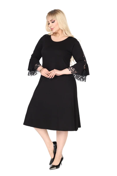 Melsay Butik Siyah Bisiklet Yaka Truvakar Kol Dantel Detaylı Abiye Elbise - 4