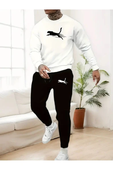 Eşofman Takımı Panter Baskılı Unisex Kışlık Kalın Pamuklu Sweatshirt Ve Eşofman Altı 2' Li Set - 4