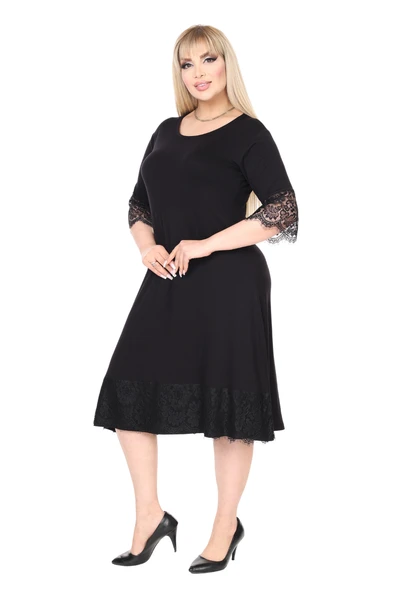 Melsay Butik Siyah Flare Kol Eteği Dantel Detaylı Abiye Elbise - Resim 6