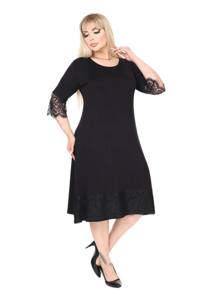Melsay Butik Siyah Flare Kol Eteği Dantel Detaylı Abiye Elbise - Resim 4