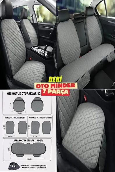 Ford-Mustang- Koltuk Deri Minderi 7 Parça Ön Ve Arka Oturak Sırt Dayama Minder Gri-Gri