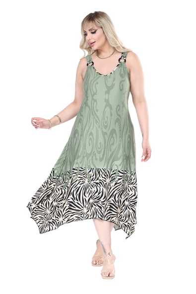 Melsay Butik Askılı V Yaka Haki Eteği Çizgili Desen Elbise - 3