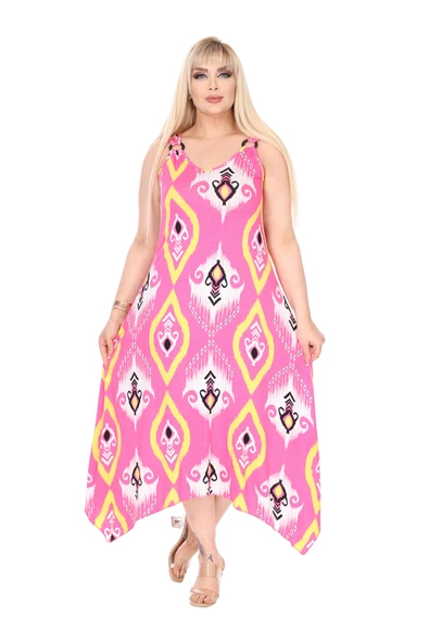 Melsay Butik Askılı V Yaka Toka Detaylı Pembe Motif Desen Elbise - Resim 2