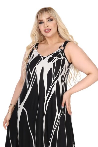 Melsay Butik Askılı V Yaka Toka Detaylı Beyaz Lav Desen Elbise - Resim 3