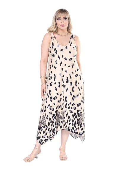 Melsay Butik Askılı V Yaka Bej Sulu Leopar Desen Elbise - Resim 2