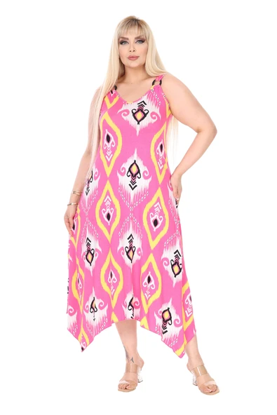 Melsay Butik Askılı V Yaka Toka Detaylı Pembe Motif Desen Elbise - Resim 3