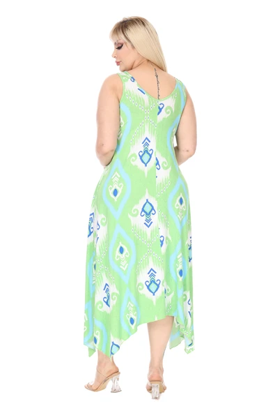 Melsay Butik Askılı V Yaka Toka Detaylı Yeşil Motif Desen Elbise - Resim 6