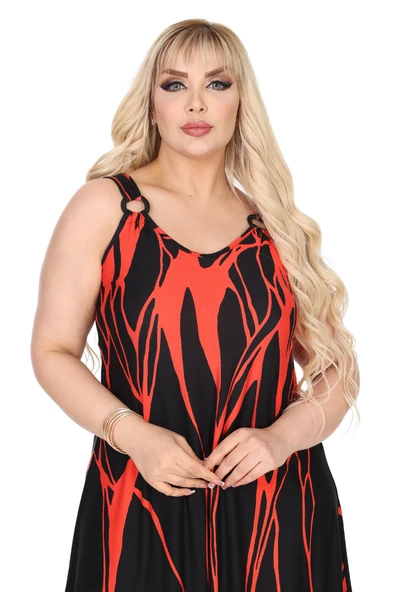 Melsay Butik Askılı V Yaka Toka Detaylı Kırmızı Lav Desen Elbise - Resim 4