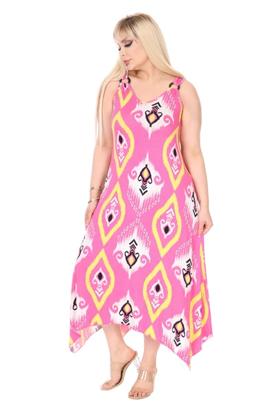 Melsay Butik Askılı V Yaka Toka Detaylı Pembe Motif Desen Elbise - Resim 5