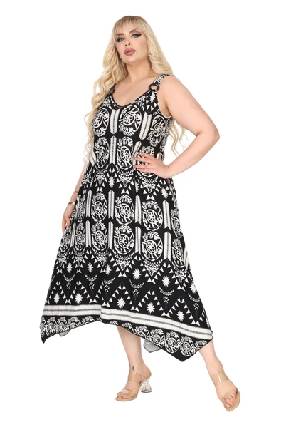 Melsay Butik Askılı V Yaka Toka Detaylı Beyaz Retro Desen Elbise
