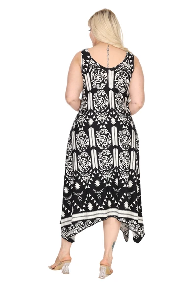 Melsay Butik Askılı V Yaka Toka Detaylı Beyaz Retro Desen Elbise - Resim 6