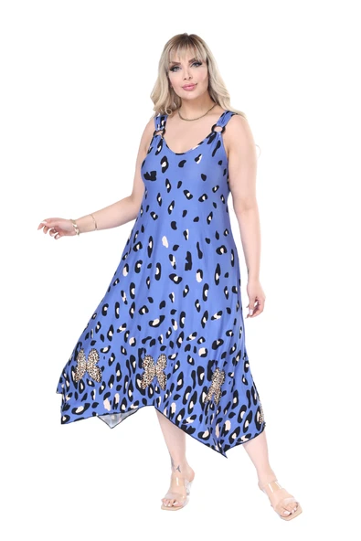 Melsay Butik Askılı V Yaka Mavi Sulu Leopar Desen Elbise ürün görseli