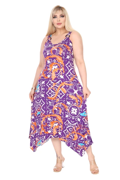 Melsay Butik Askılı V Yaka Toka Detaylı Mor Retro Desen Elbise