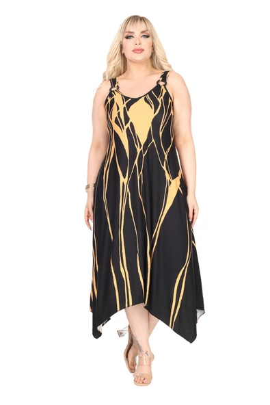 Melsay Butik Askılı V Yaka Toka Detaylı Sarı Lav Desen Elbise - Resim 6