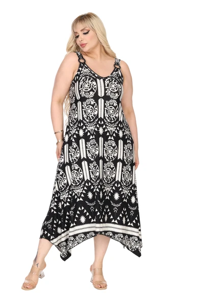 Melsay Butik Askılı V Yaka Toka Detaylı Beyaz Retro Desen Elbise - Resim 2