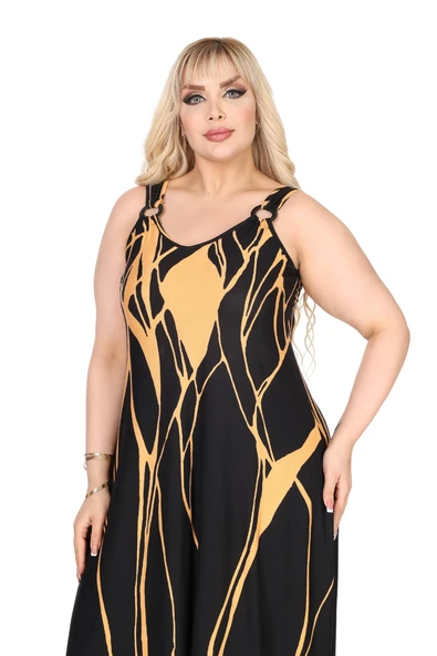 Melsay Butik Askılı V Yaka Toka Detaylı Sarı Lav Desen Elbise - Resim 3