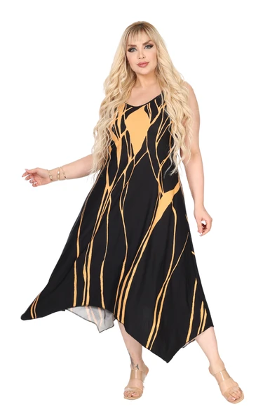 Melsay Butik Askılı V Yaka Toka Detaylı Sarı Lav Desen Elbise