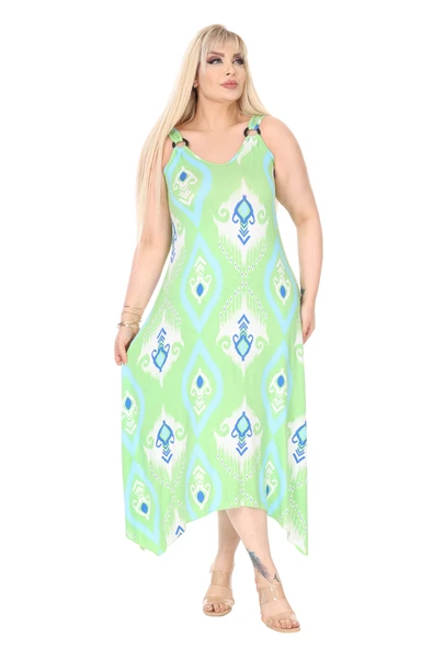 Melsay Butik Askılı V Yaka Toka Detaylı Yeşil Motif Desen Elbise - Resim 4