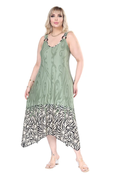 Melsay Butik Askılı V Yaka Haki Eteği Çizgili Desen Elbise - 2