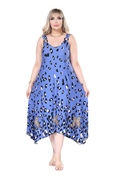 Melsay Butik Askılı V Yaka Mavi Sulu Leopar Desen Elbise - Resim 2