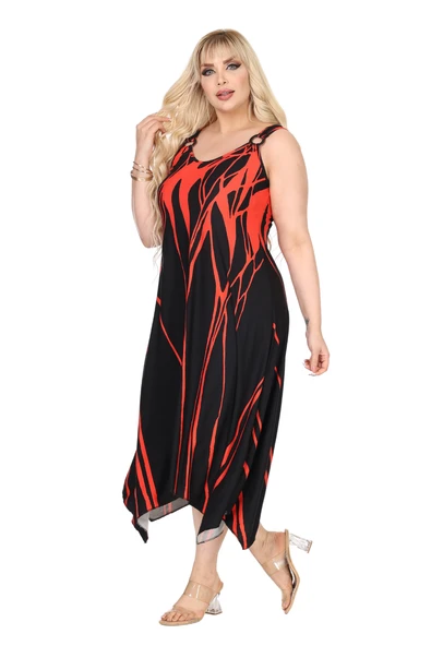 Melsay Butik Askılı V Yaka Toka Detaylı Kırmızı Lav Desen Elbise - Resim 3