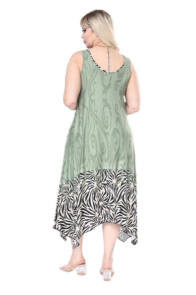 Melsay Butik Askılı V Yaka Haki Eteği Çizgili Desen Elbise - 6