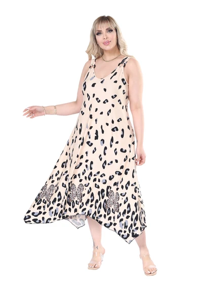 Melsay Butik Askılı V Yaka Bej Sulu Leopar Desen Elbise ürün görseli