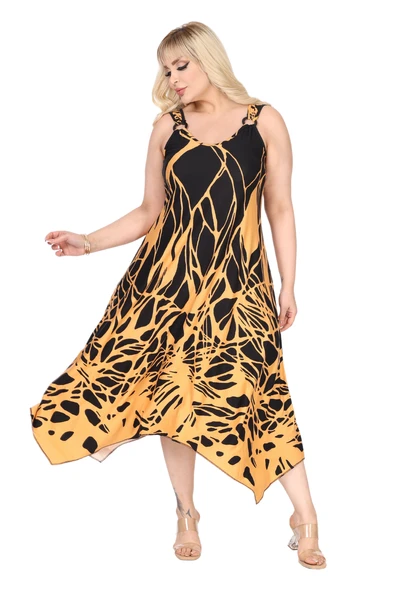Melsay Butik Askılı V Yaka Toka Detaylı Sarı Reflektör Desen Elbise - 3