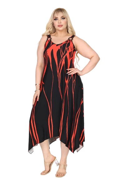 Melsay Butik Askılı V Yaka Toka Detaylı Kırmızı Lav Desen Elbise